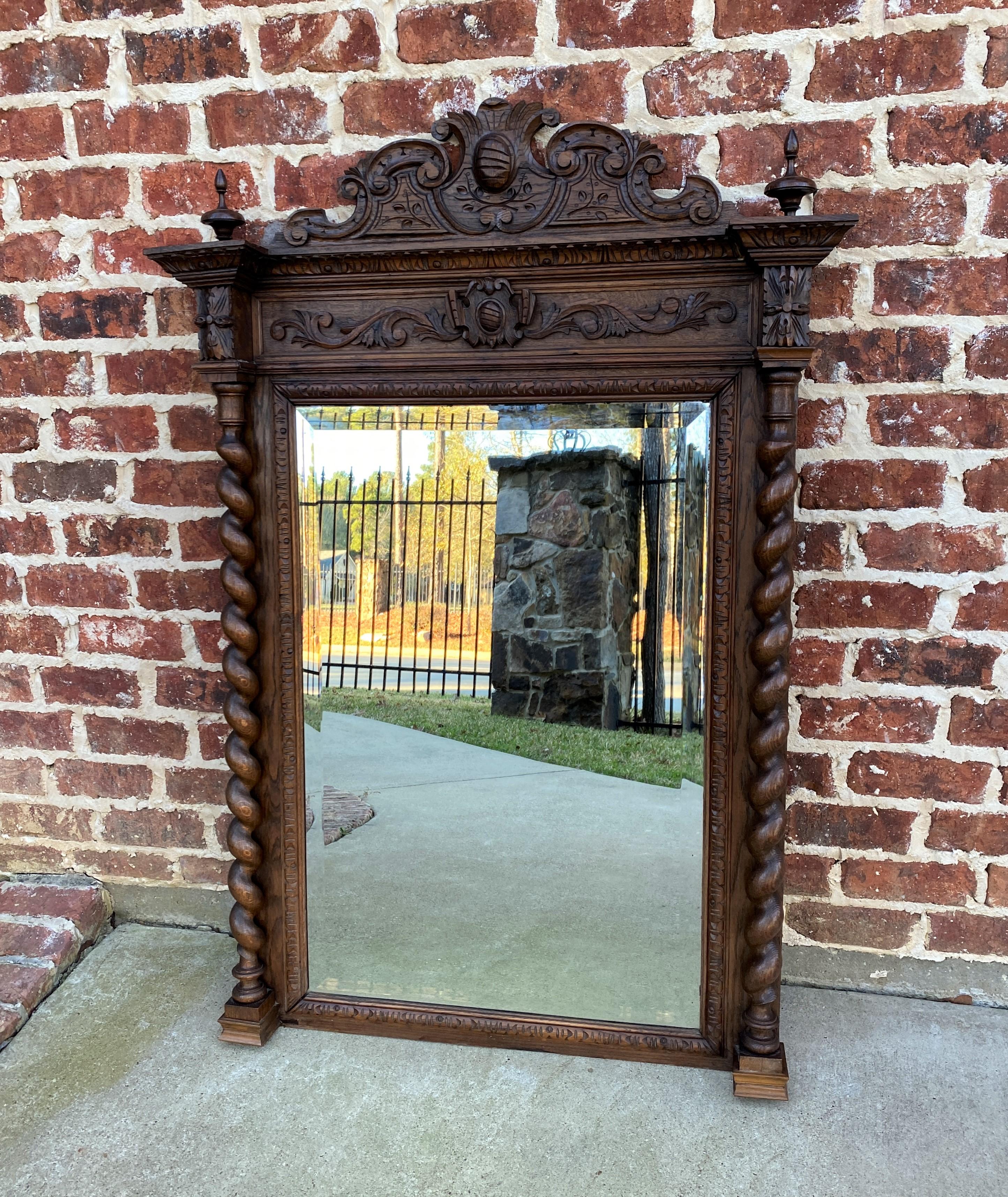 Antique French Mirror Pier Mantel Beveled Carved Oak Crown Barley Twist Large 6