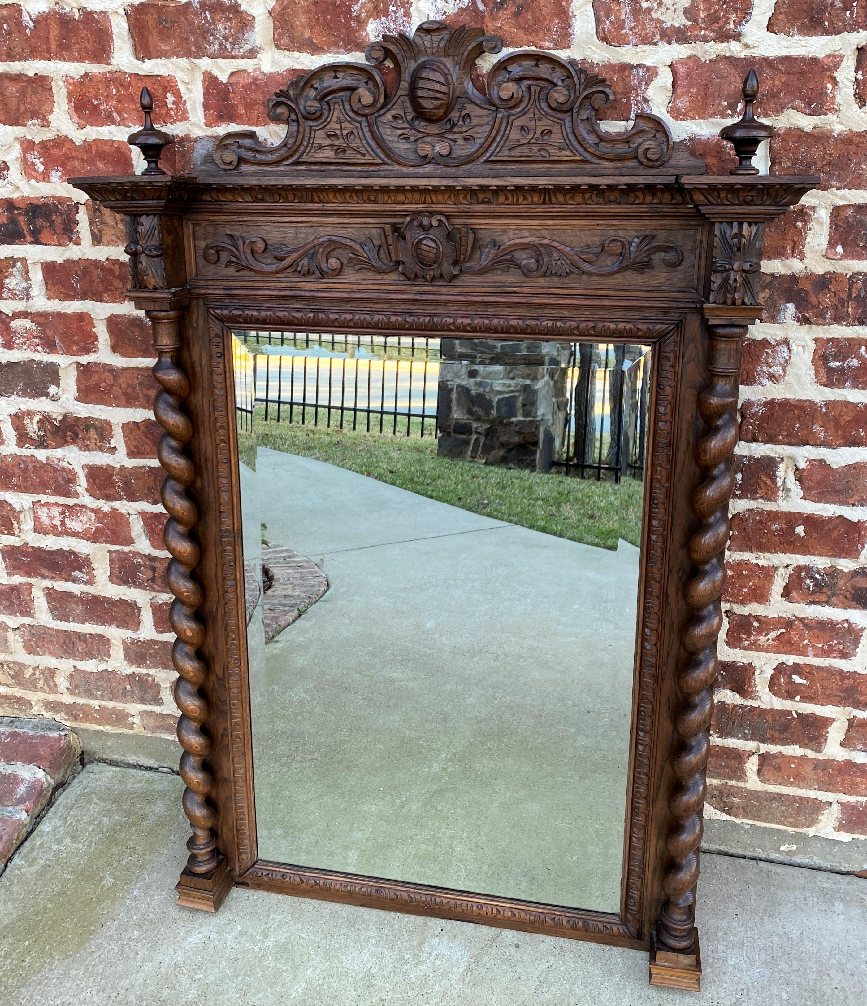 Victorian Antique French Mirror Pier Mantel Beveled Carved Oak Crown Barley Twist Large