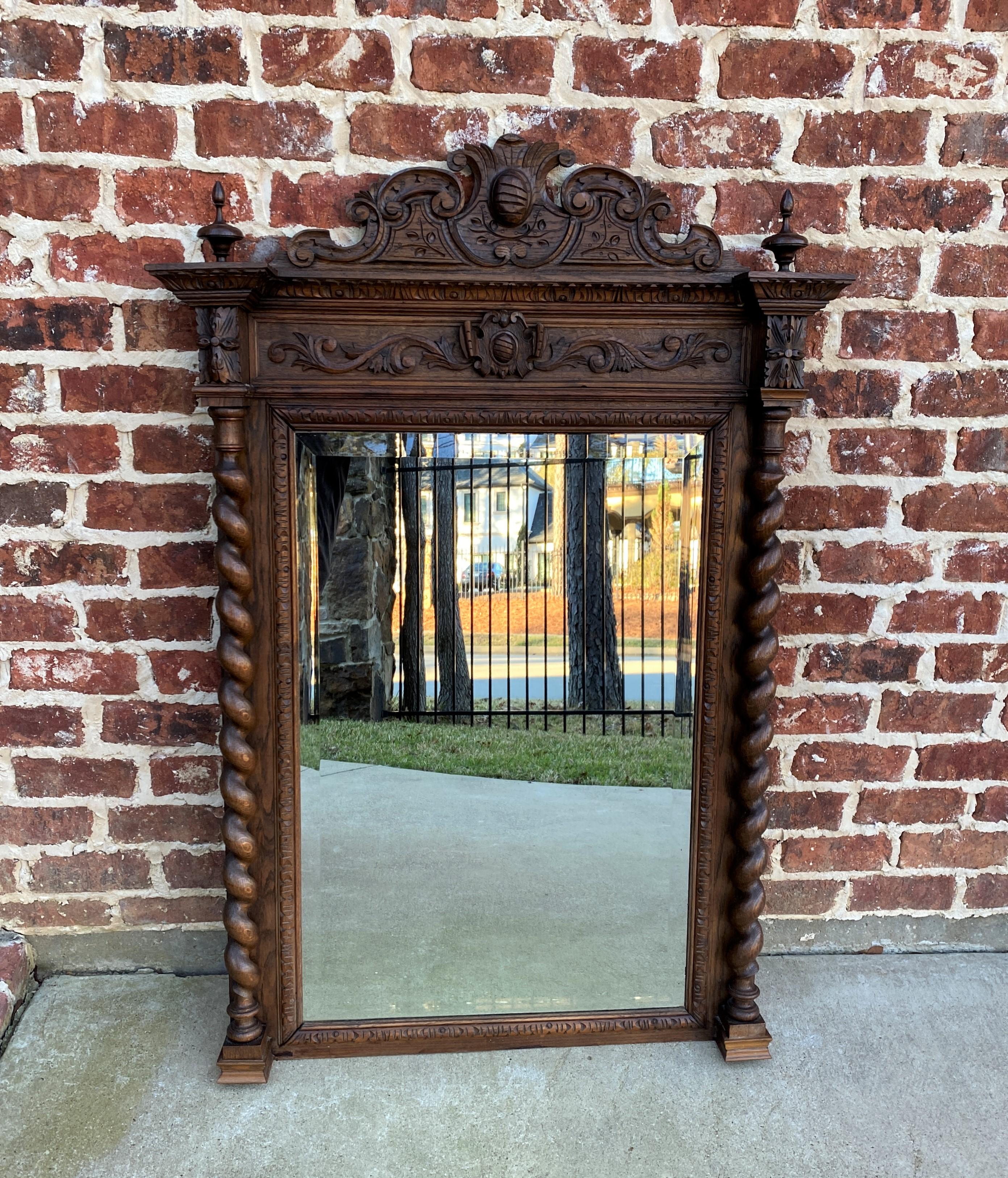 Antique French Mirror Pier Mantel Beveled Carved Oak Crown Barley Twist Large In Good Condition In Tyler, TX
