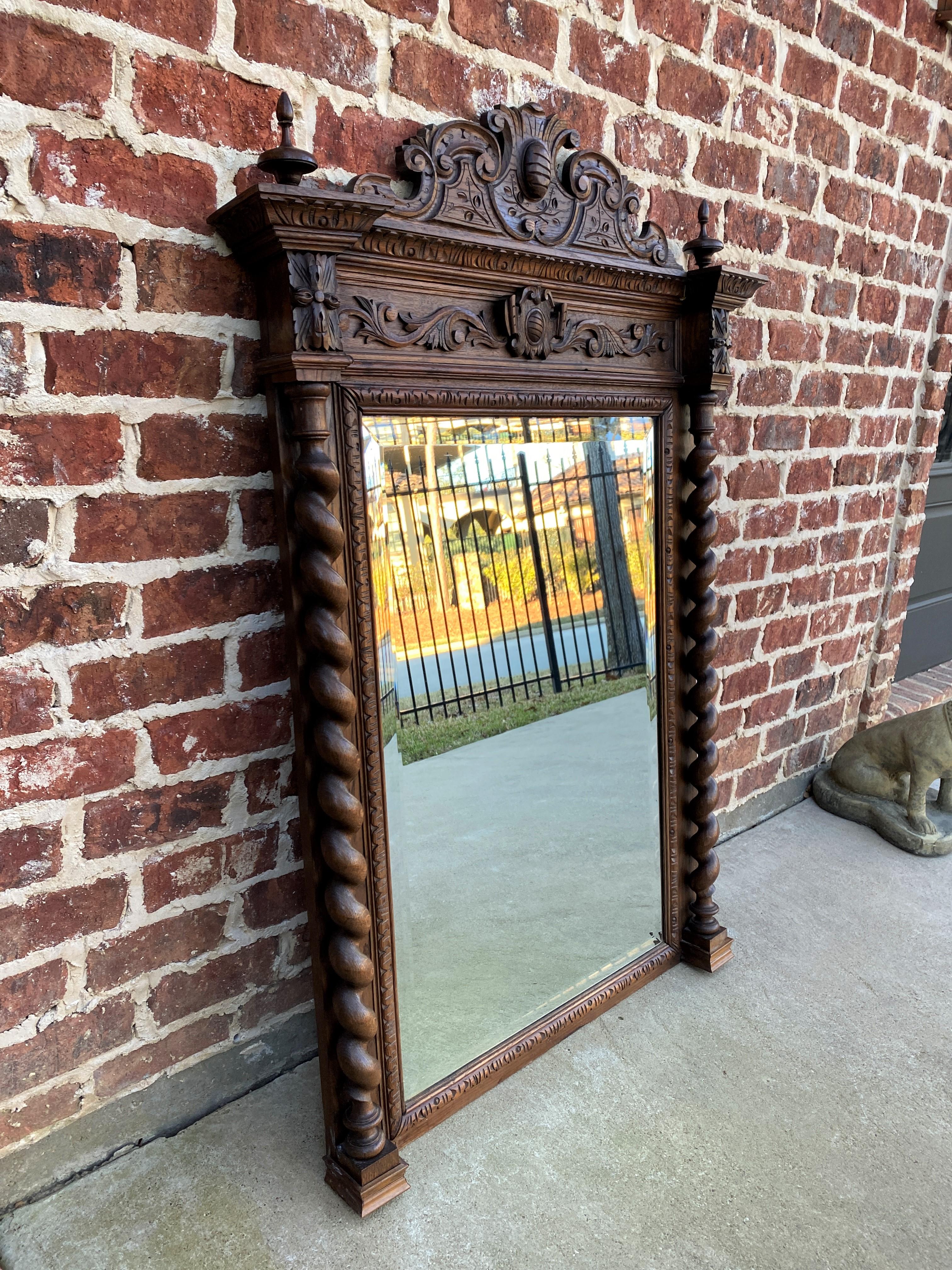 19th Century Antique French Mirror Pier Mantel Beveled Carved Oak Crown Barley Twist Large