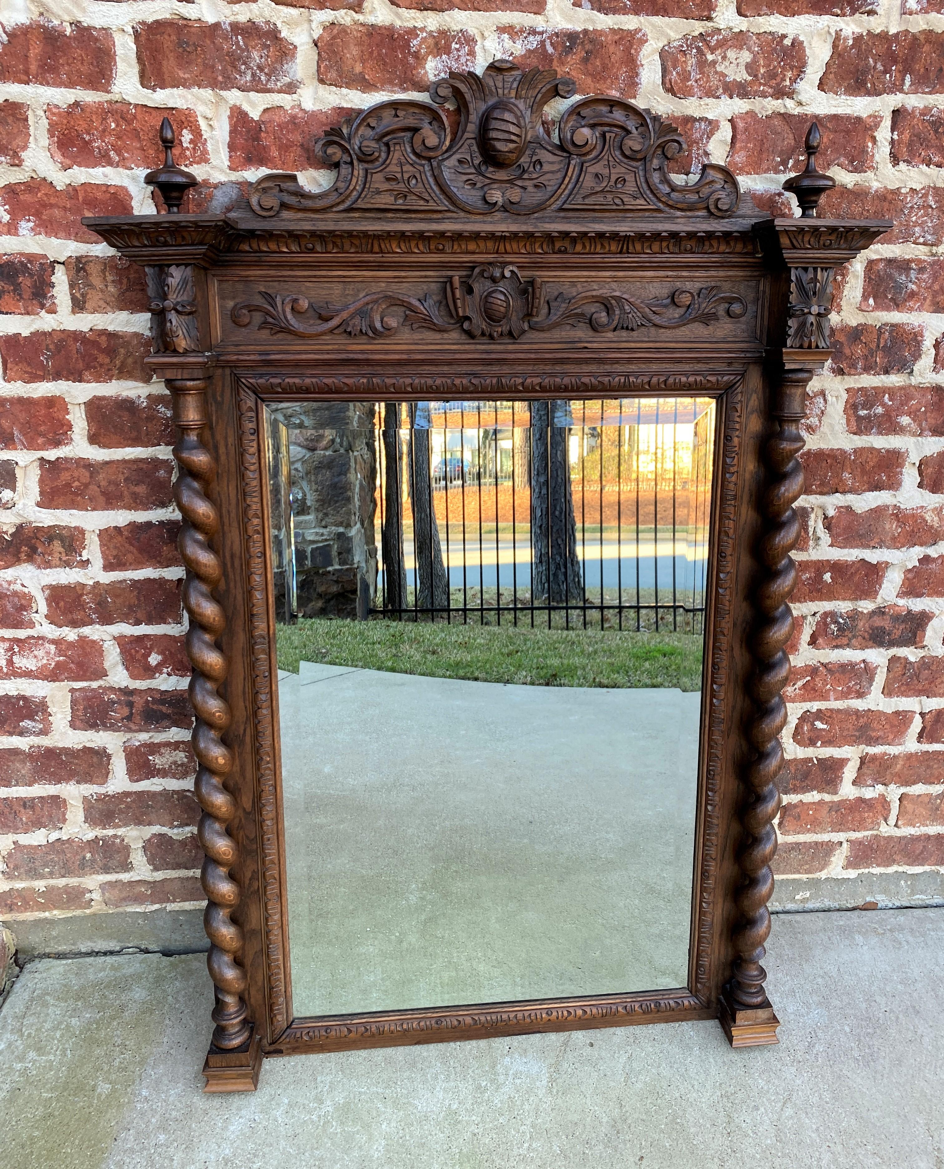 Antique French Mirror Pier Mantel Beveled Carved Oak Crown Barley Twist Large 1