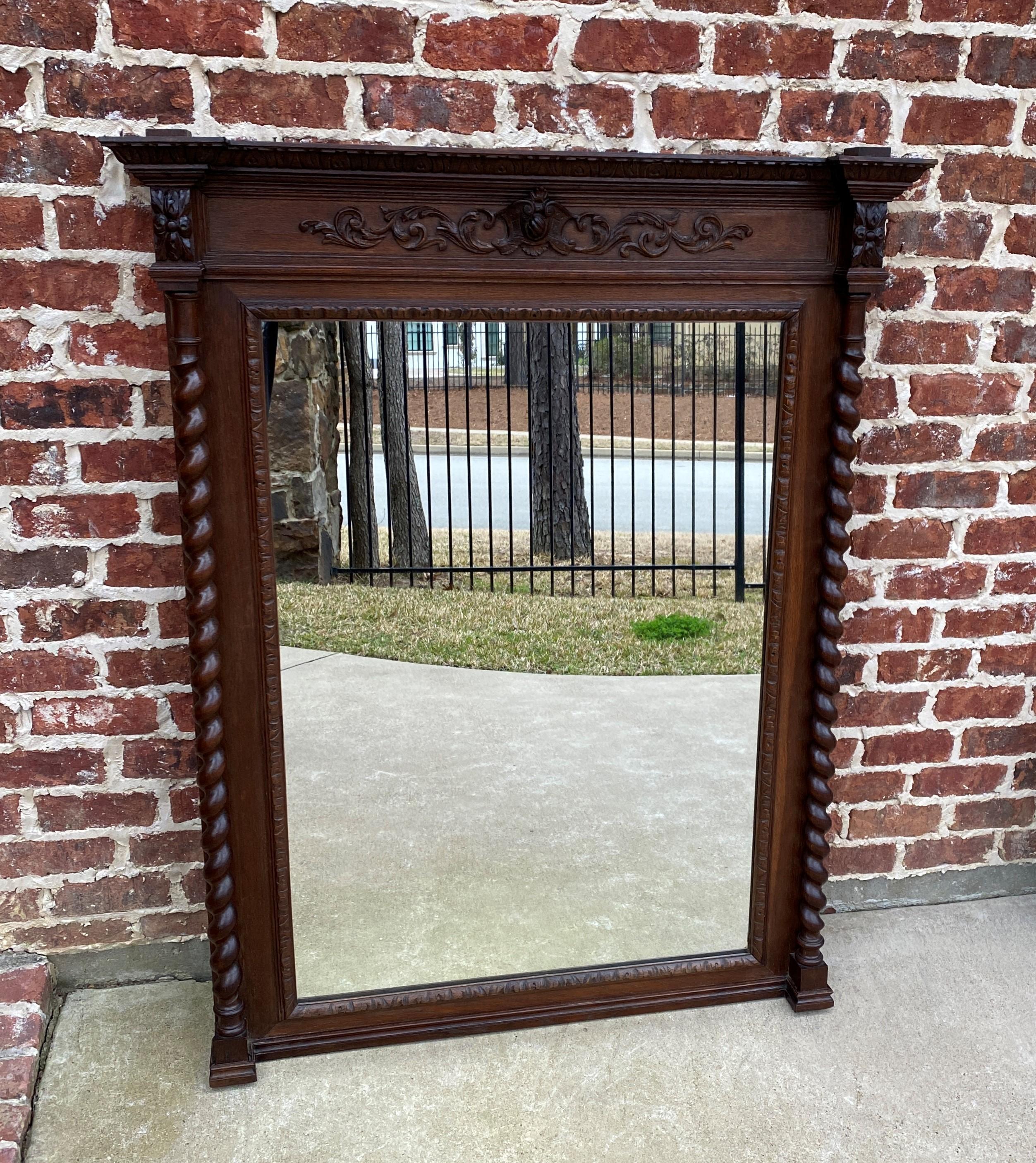 Antique French Mirror Pier Mantel Carved Oak Barley Twist Large In Good Condition In Tyler, TX