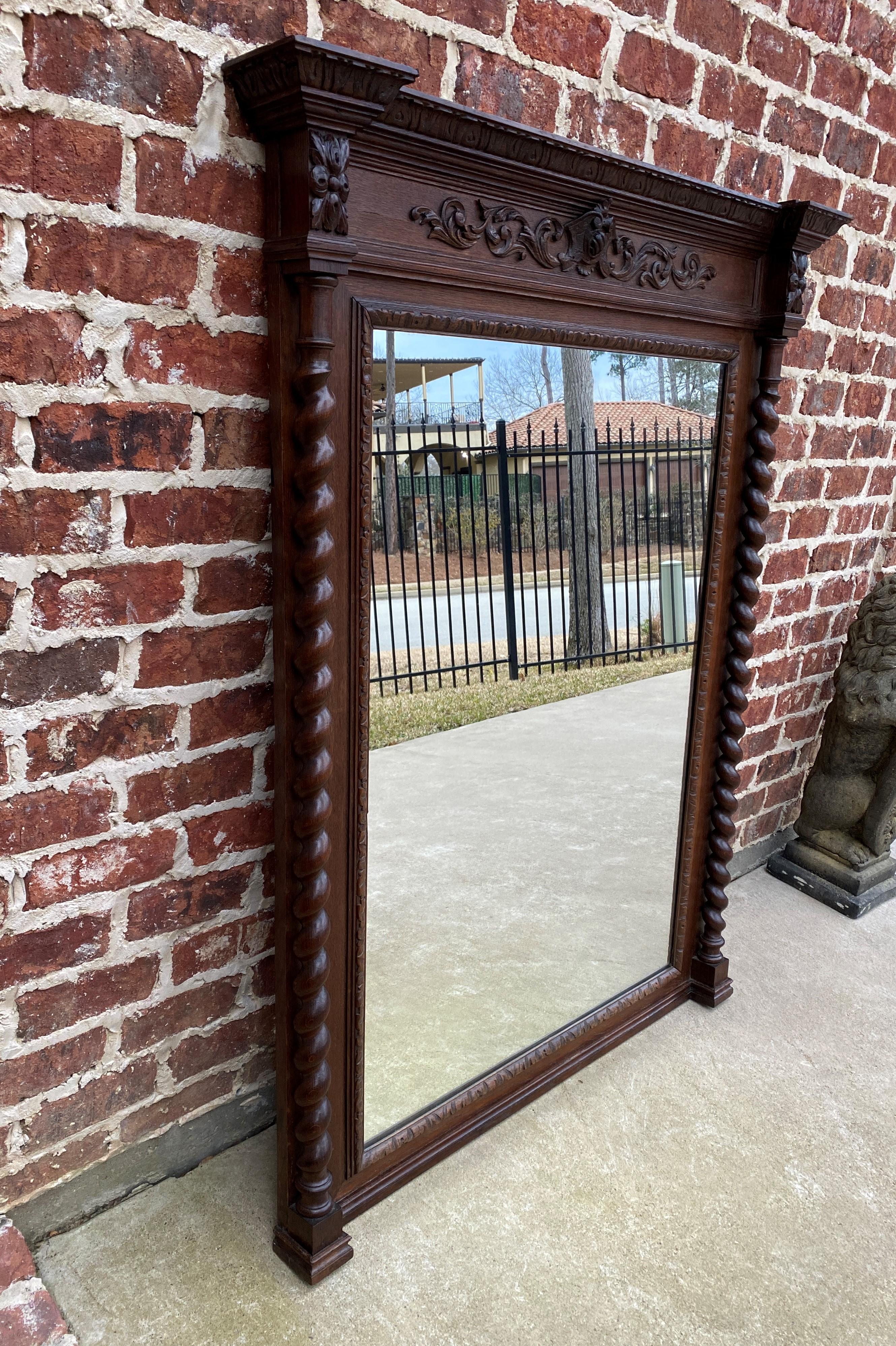 20th Century Antique French Mirror Pier Mantel Carved Oak Barley Twist Large