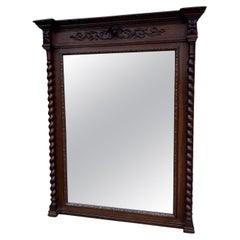 Antique French Mirror Pier Mantel Carved Oak Barley Twist Large