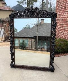 Antique French Mirror Pier Mantel Carved Oak Victorian Era Large