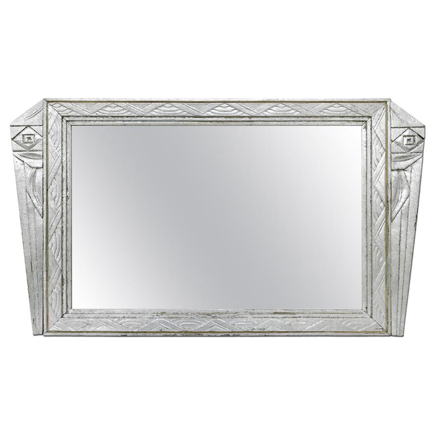 Antique French Mirror Silver Wood Art Deco Style, circa 1930