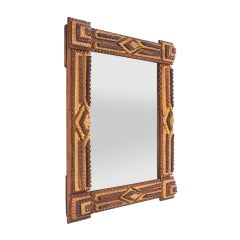Antique French Mirror, Tramp Art Style, Carved Two-tone Wood, circa 1920