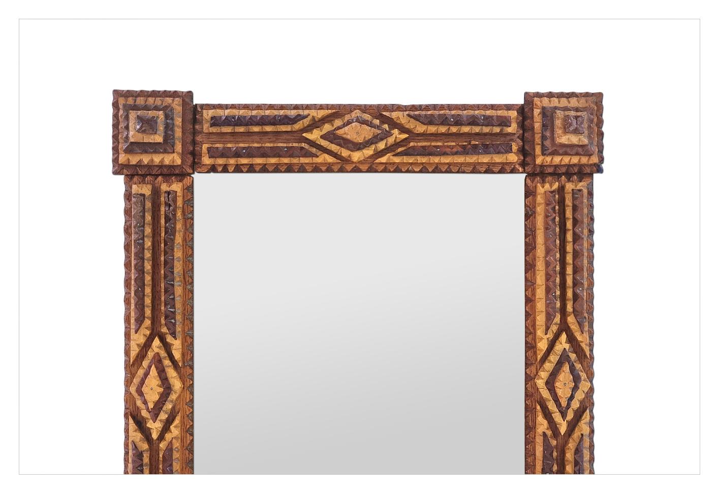 Hand-Carved Antique French Mirror, Tramp Art Style, Carved Two-tone Wood, circa 1920 For Sale