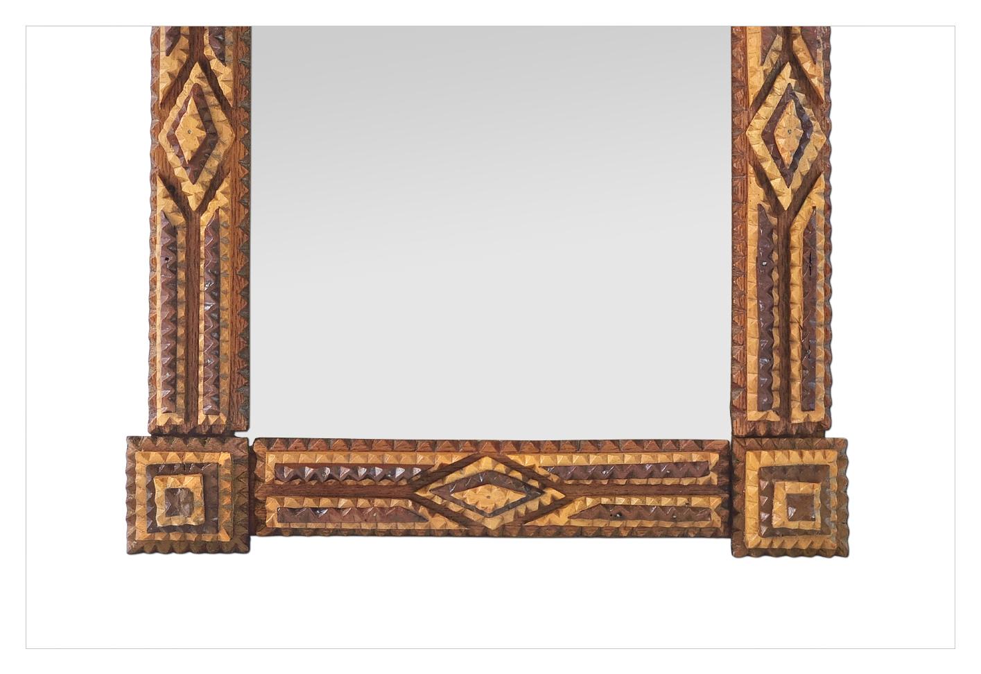 Early 20th Century Antique French Mirror, Tramp Art Style, Carved Two-tone Wood, circa 1920 For Sale