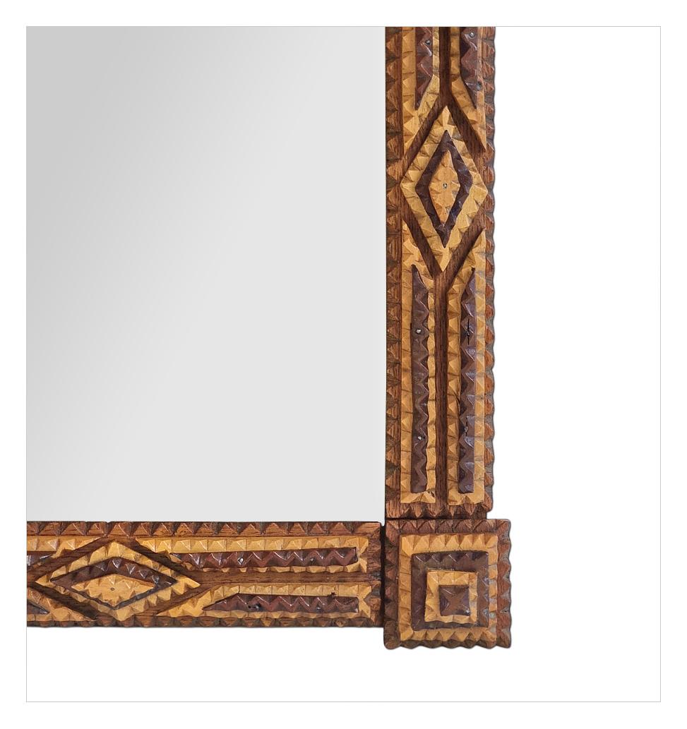 Antique French Mirror, Tramp Art Style, Carved Two-tone Wood, circa 1920 For Sale 1