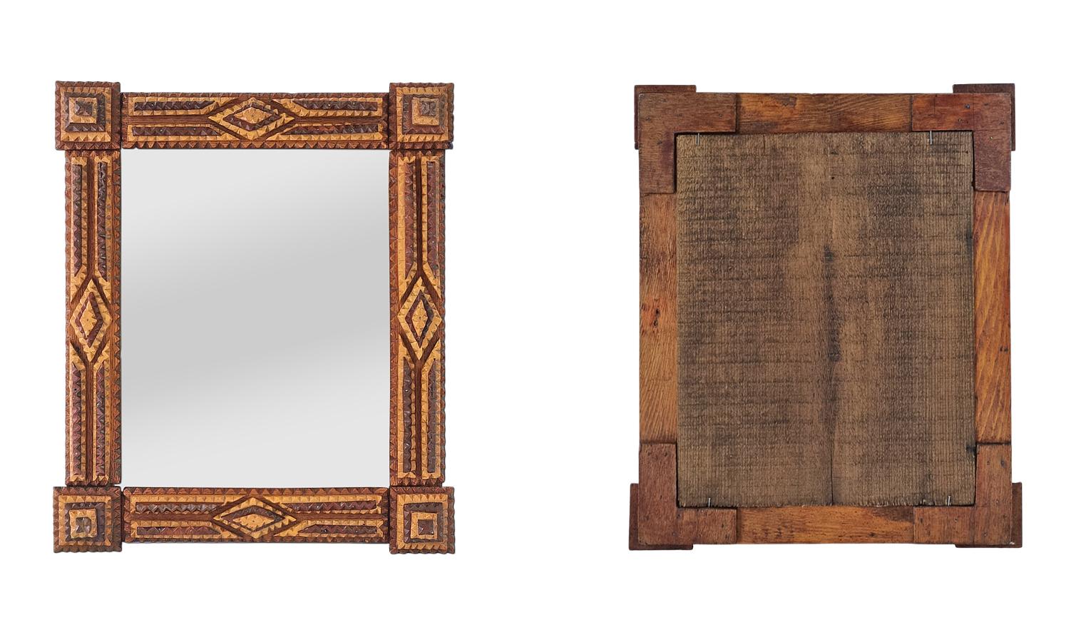 Antique French Mirror, Tramp Art Style, Carved Two-tone Wood, circa 1920 For Sale 2