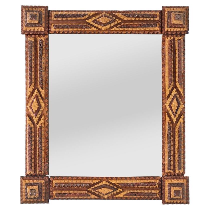 Antique French Mirror, Tramp Art Style, Carved Two-tone Wood, circa 1920