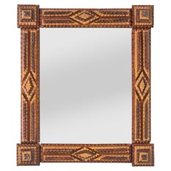 Antique French Mirror, Tramp Art Style, Carved Two-tone Wood, circa 1920