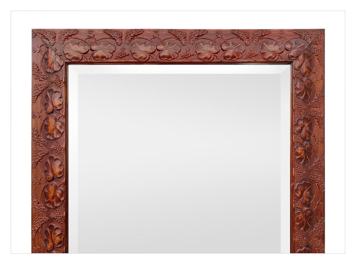 Patinated Antique French Mirror With Autumn-Colored Carved Leaf Decoration, circa 1980 For Sale