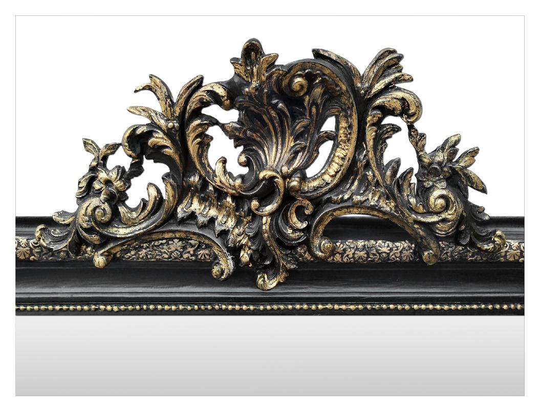 Napoleon III Antique French Mirror with Pediment, Black and Gilt, circa 1880