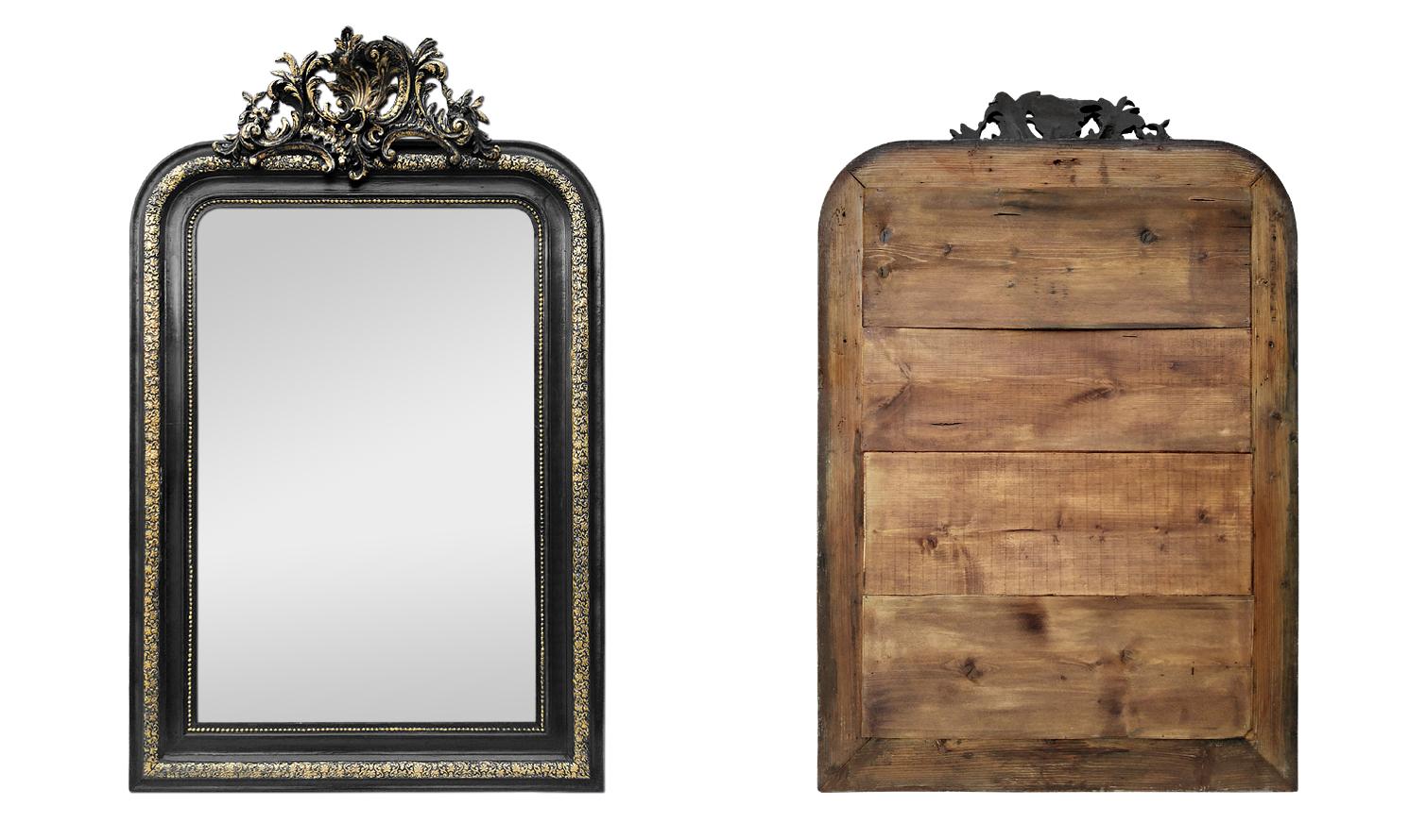Antique French Mirror with Pediment, Black and Gilt, circa 1880 1
