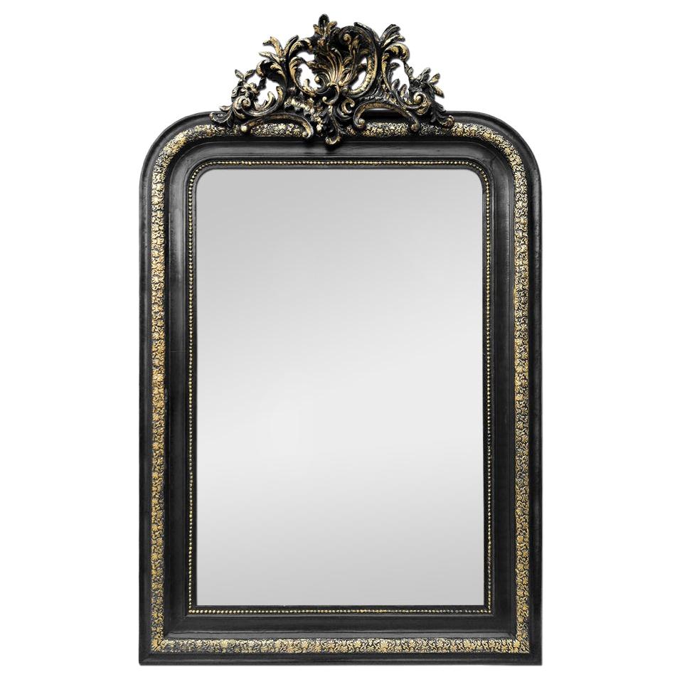 Antique French Mirror with Pediment, Black and Gilt, circa 1880