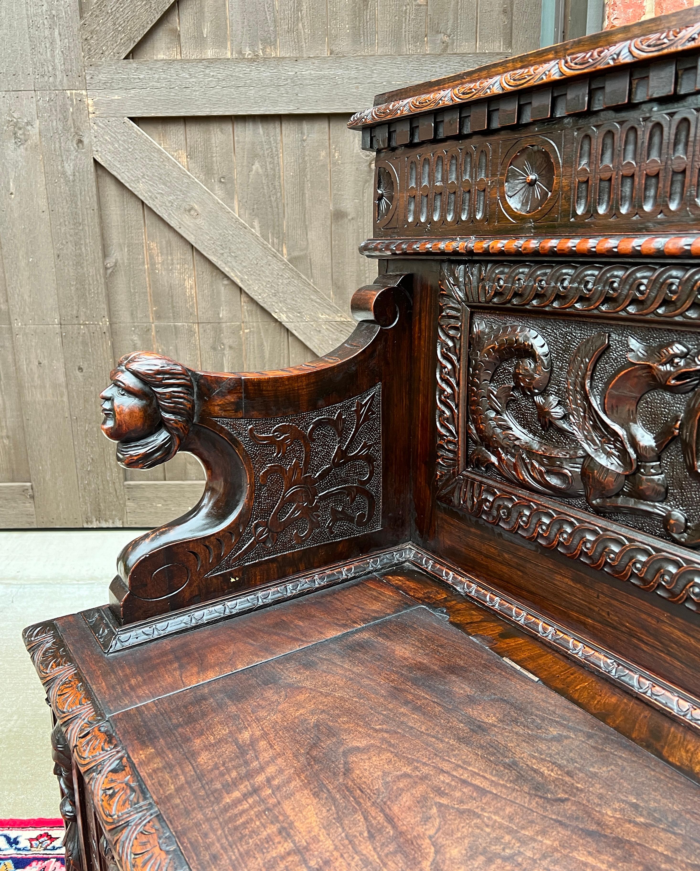 Antique French Monks Bench Settee Entry Petite Renaissance Revival Walnut c1870s 10