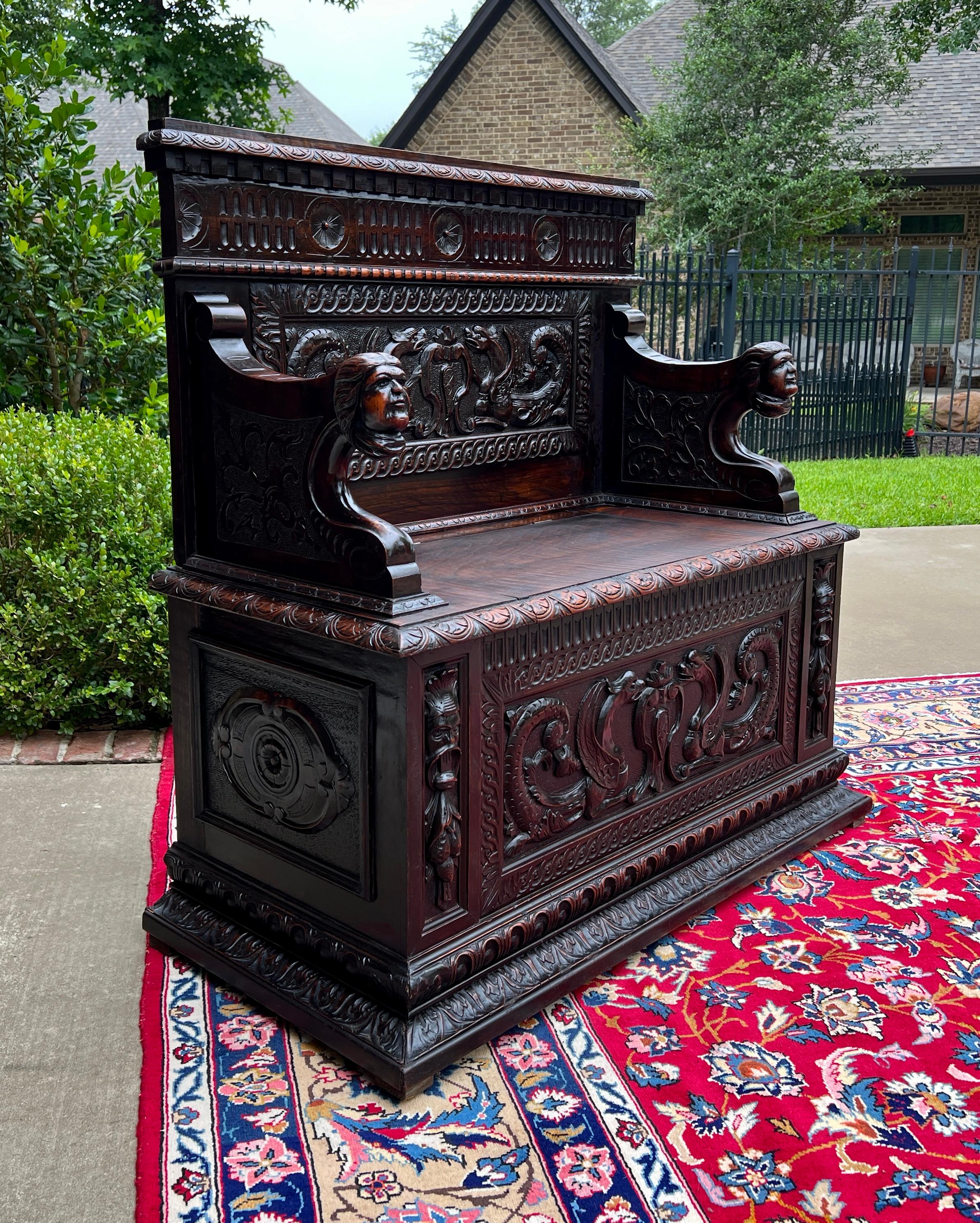 Carved Antique French Monks Bench Settee Entry Petite Renaissance Revival Walnut c1870s