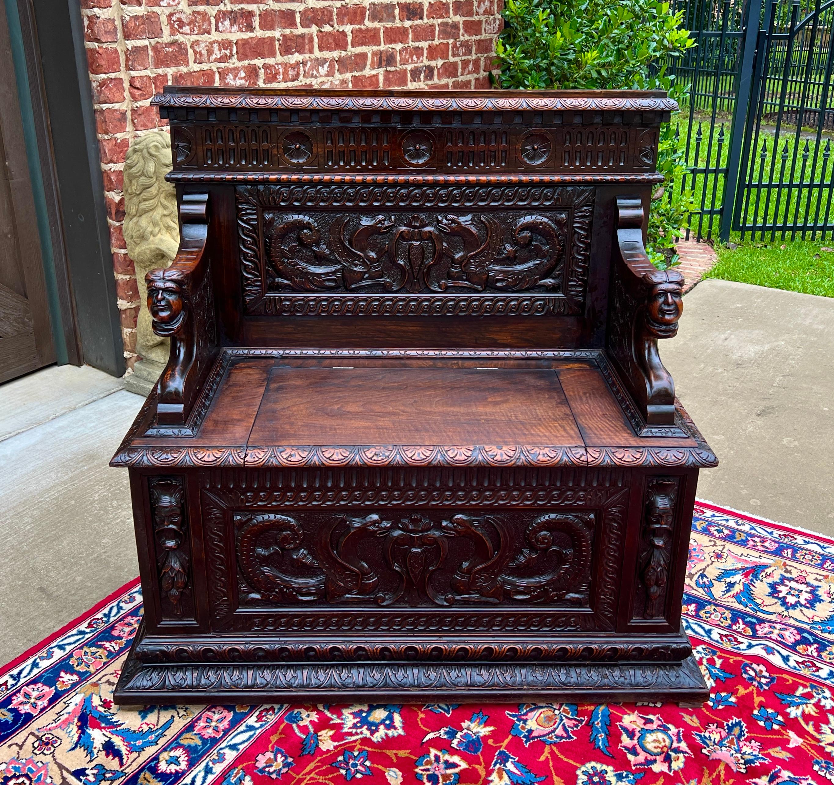 19th Century Antique French Monks Bench Settee Entry Petite Renaissance Revival Walnut c1870s