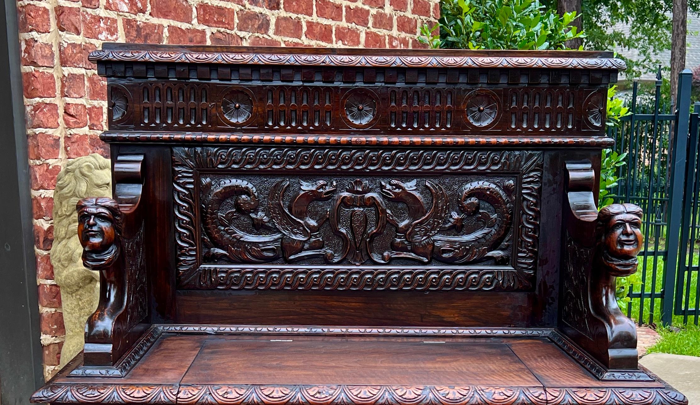Antique French Monks Bench Settee Entry Petite Renaissance Revival Walnut c1870s 3