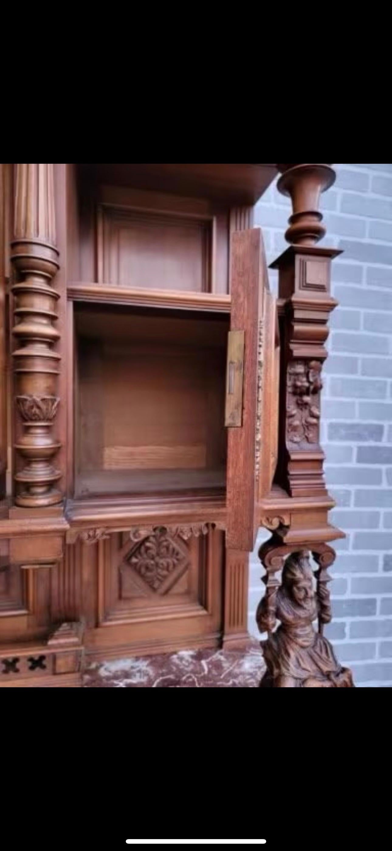 Antique French Monumental Hand Carved Ornate Figural Walnut Commissioned Cabinet For Sale 3