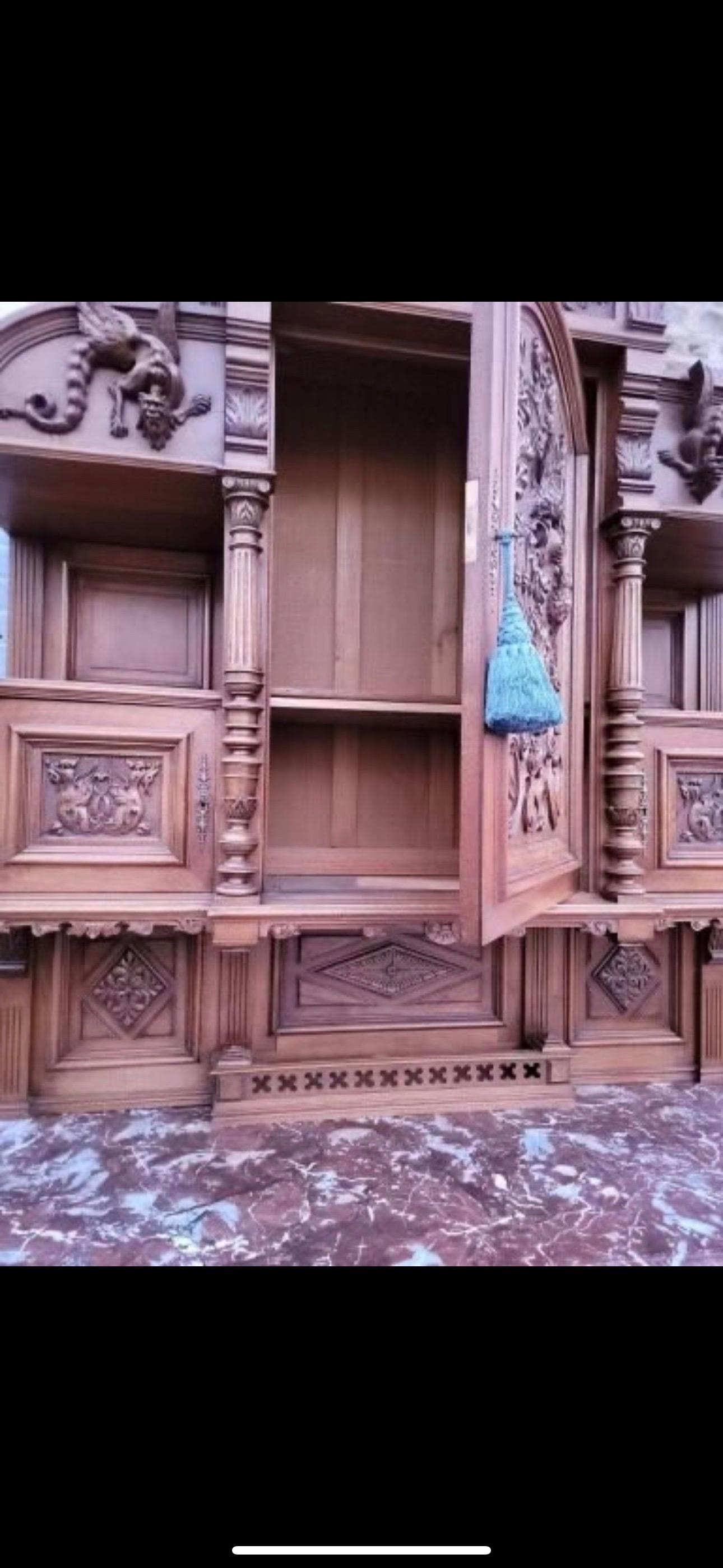19th Century Antique French Monumental Hand Carved Ornate Figural Walnut Commissioned Cabinet For Sale