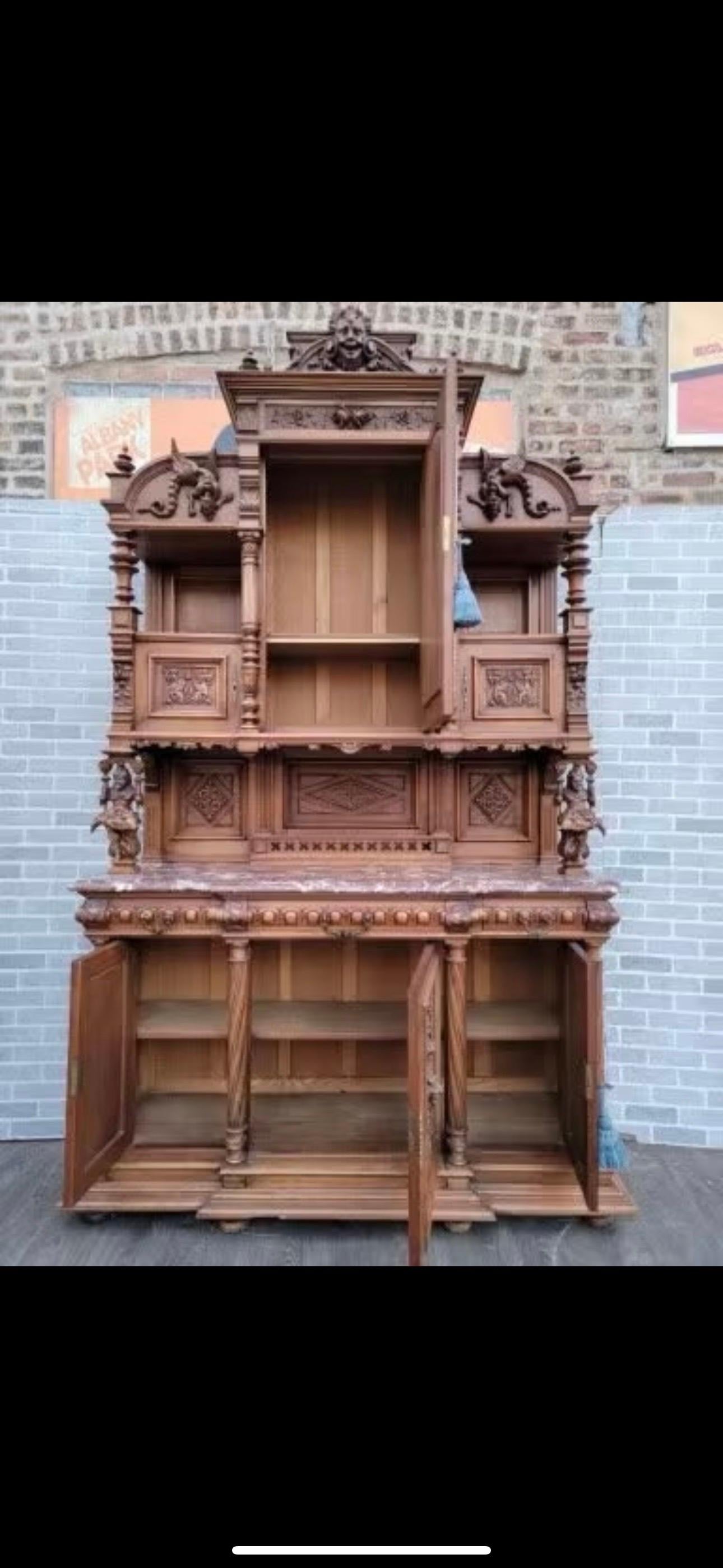 Antique French Monumental Hand Carved Ornate Figural Walnut Commissioned Cabinet For Sale 1