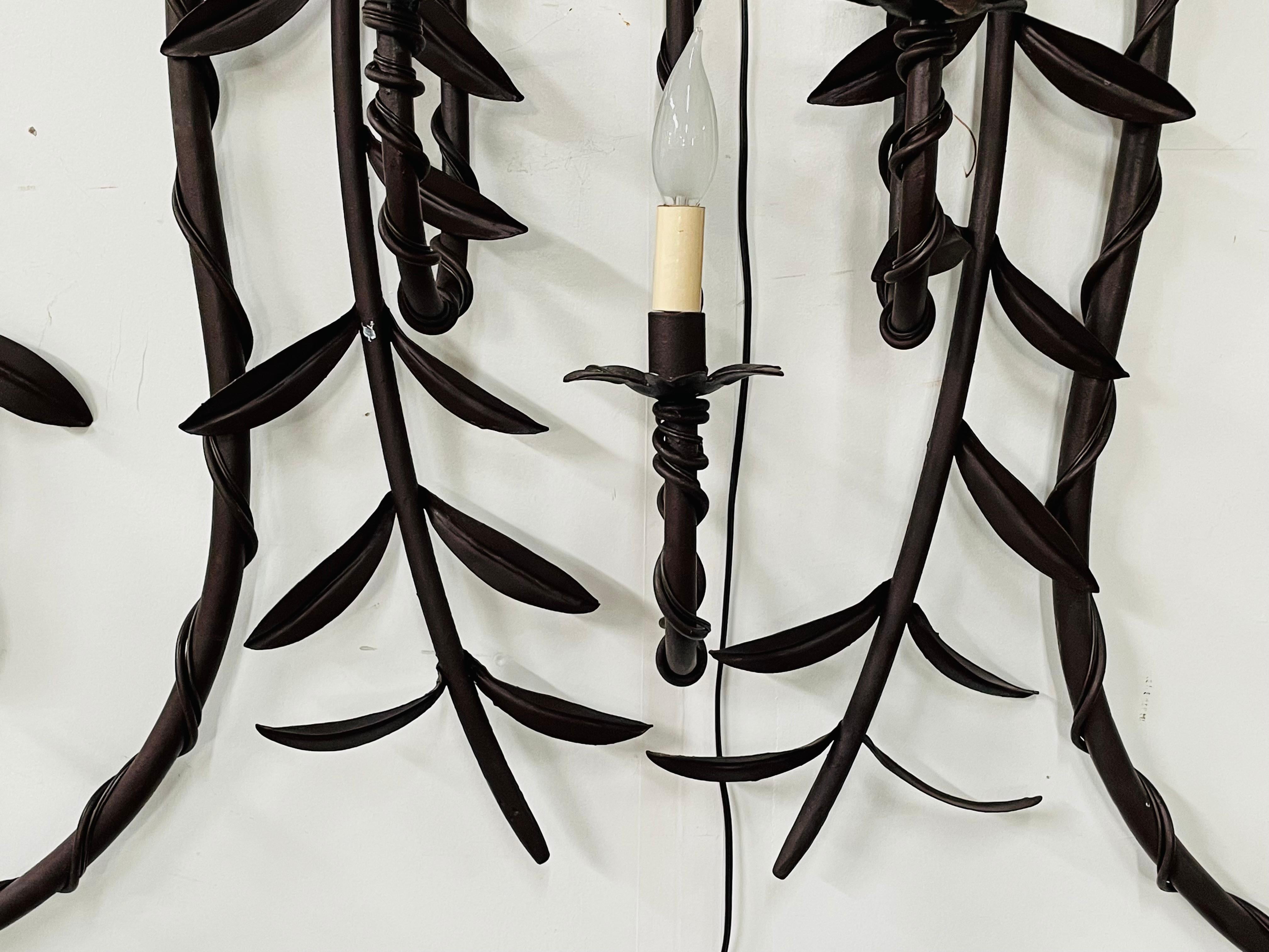 Antique French Monumental Wrought Iron Wall Sconce with Leaves Design