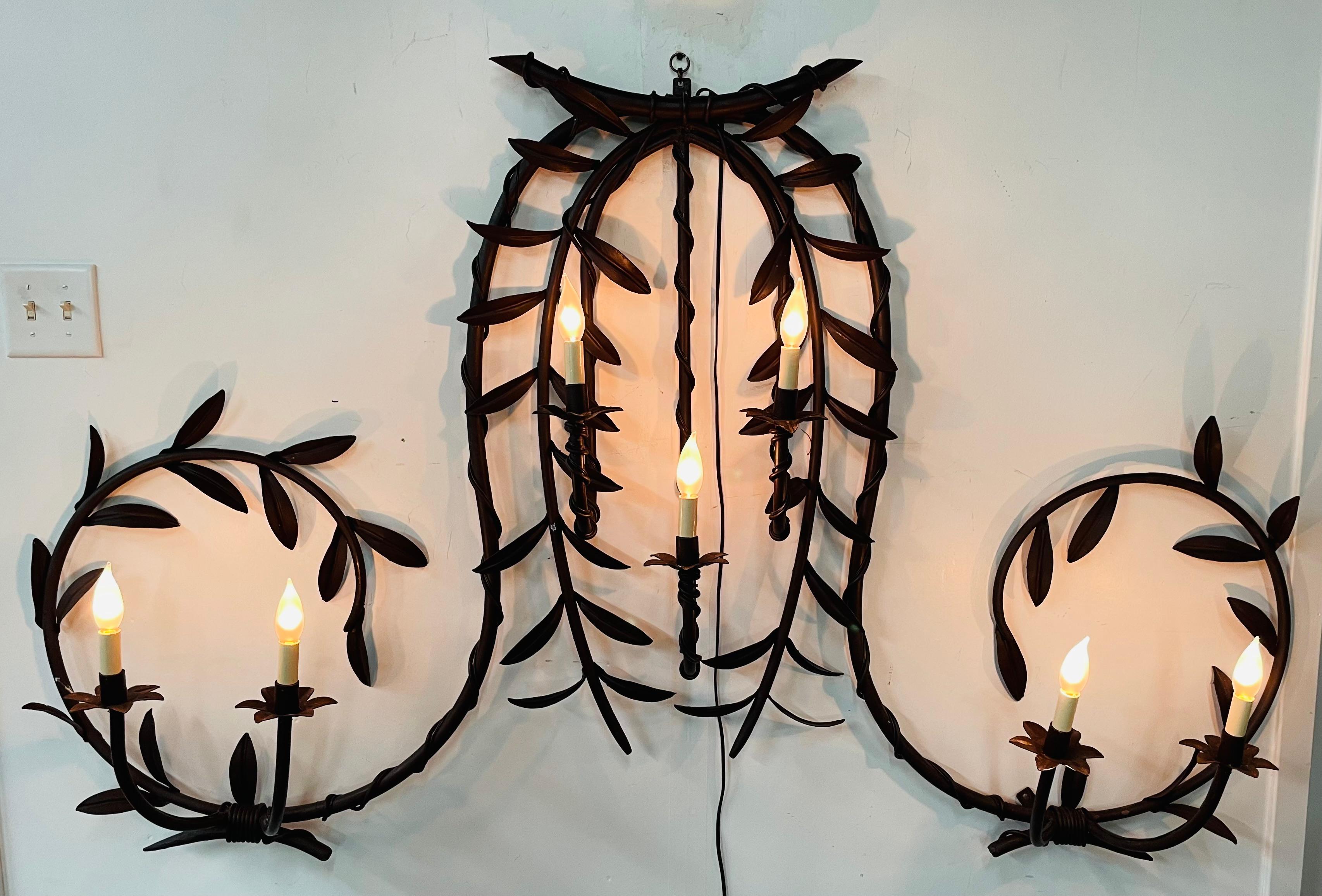 French Provincial Antique French Monumental Wrought Iron Wall Sconce with Leaves Design, 7 Bulbs For Sale