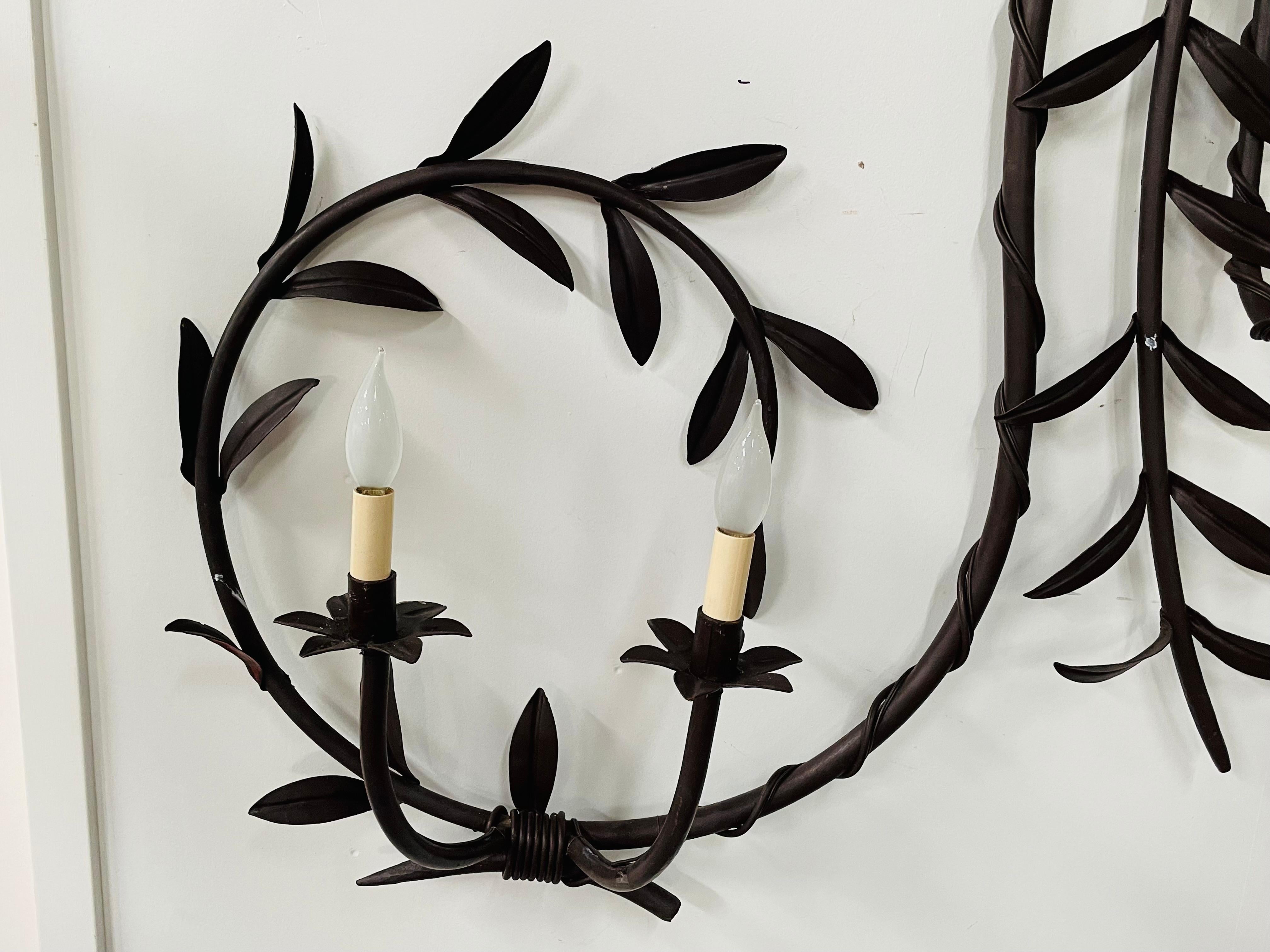 Antique French Monumental Wrought Iron Wall Sconce with Leaves Design, 7 Bulbs For Sale 1