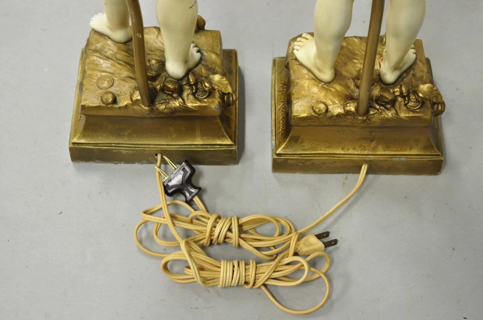 Antique French Moreau Figural Full Cherub Painted Metal Table Lamps - a Pair For Sale 5