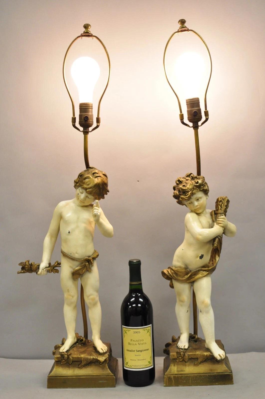 Antique French Moreau Figural Full Cherub Painted Metal Table Lamps - a Pair. Circa Early 20th Century. Measurements: 33