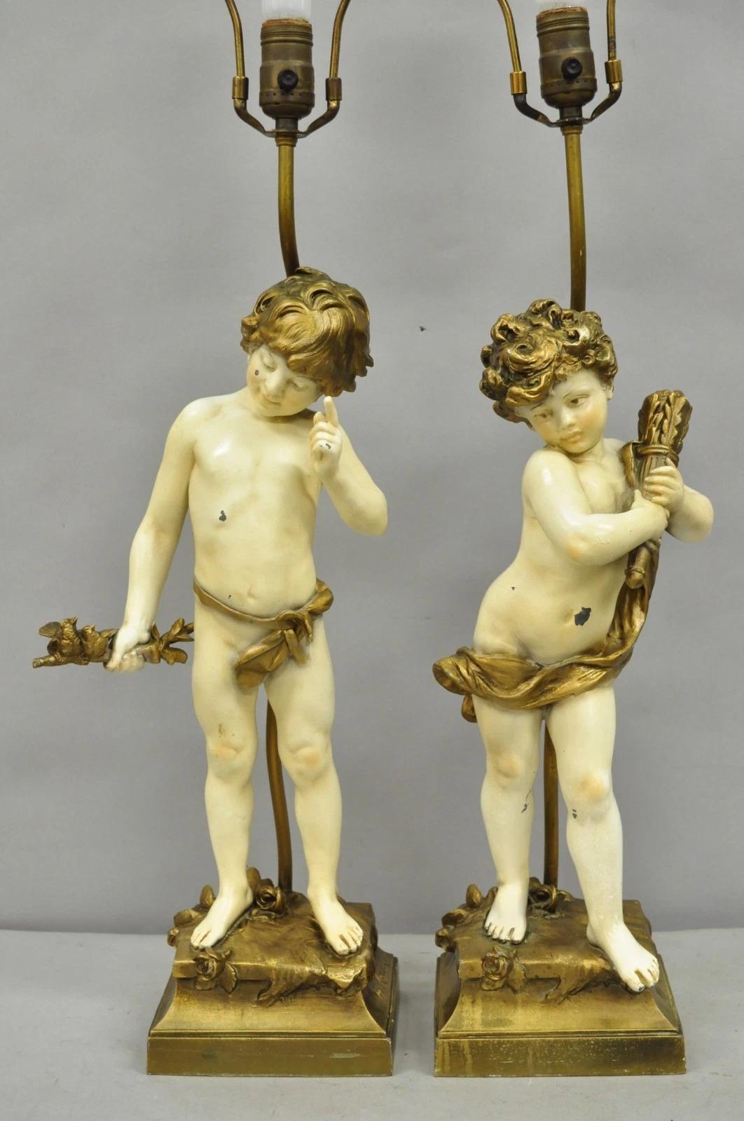 Victorian Antique French Moreau Figural Full Cherub Painted Metal Table Lamps - a Pair For Sale
