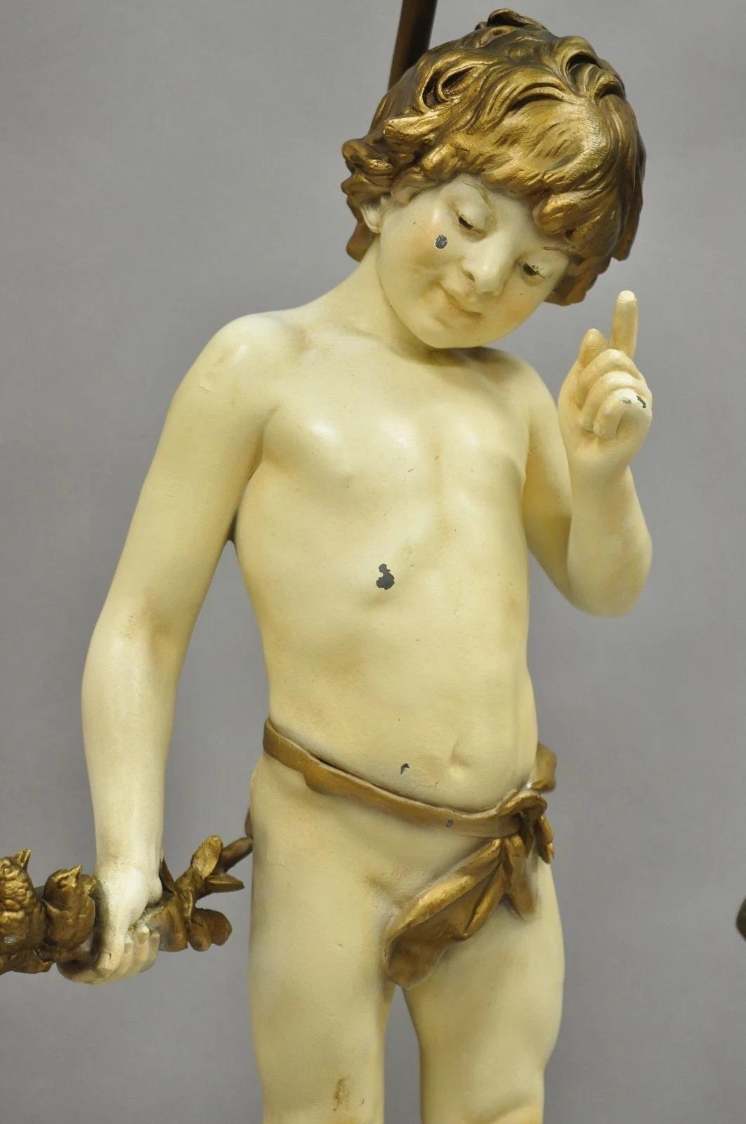 Unknown Antique French Moreau Figural Full Cherub Painted Metal Table Lamps - a Pair For Sale