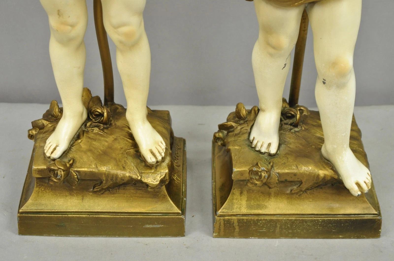 20th Century Antique French Moreau Figural Full Cherub Painted Metal Table Lamps - a Pair For Sale