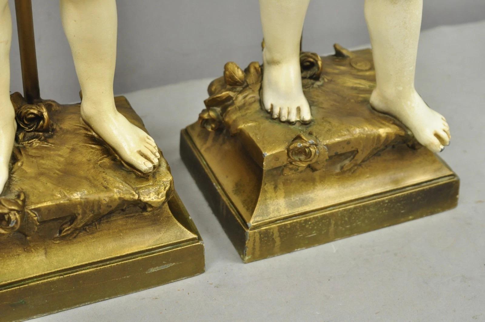Antique French Moreau Figural Full Cherub Painted Metal Table Lamps - a Pair For Sale 1