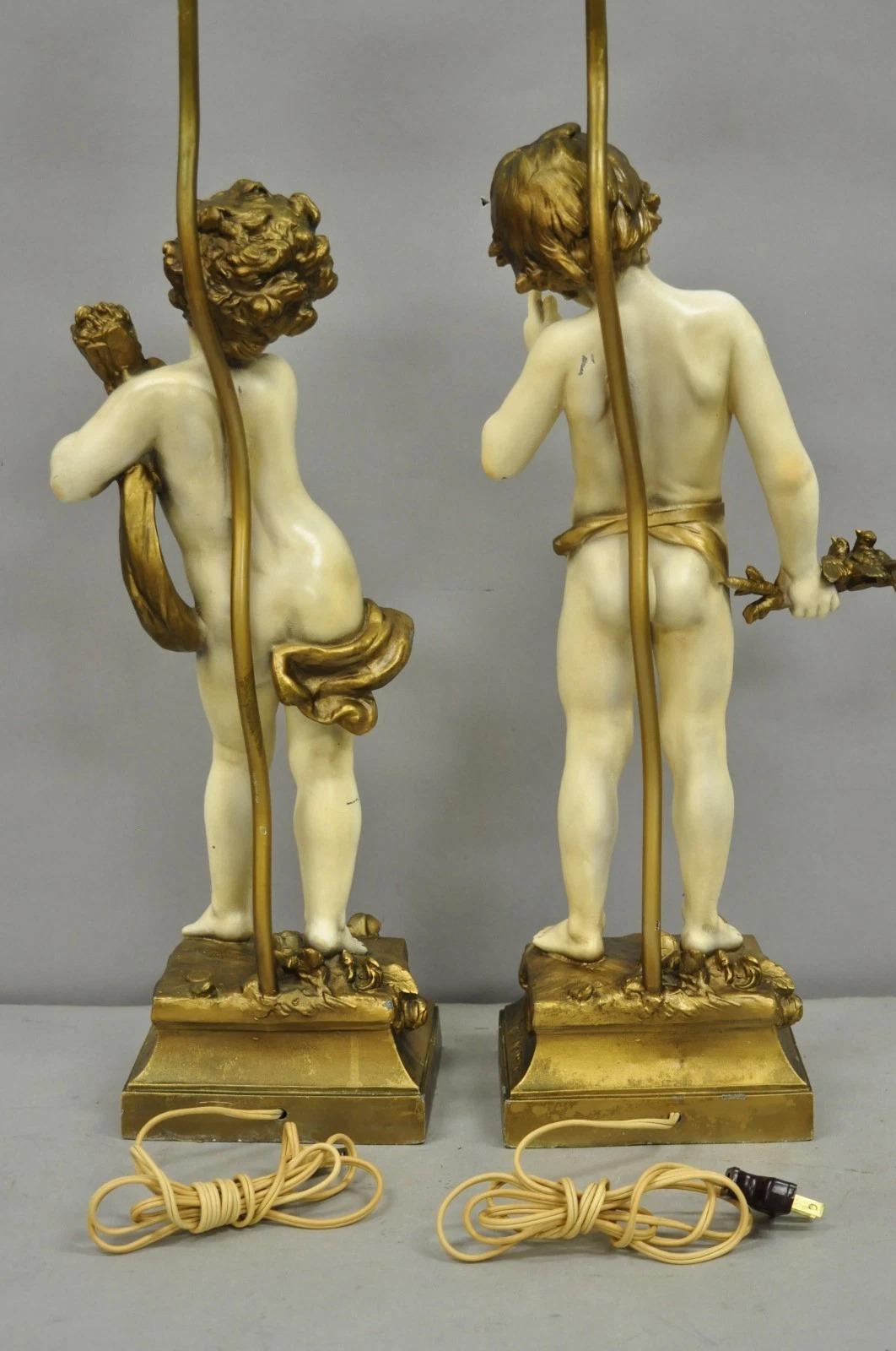 Antique French Moreau Figural Full Cherub Painted Metal Table Lamps - a Pair For Sale 3