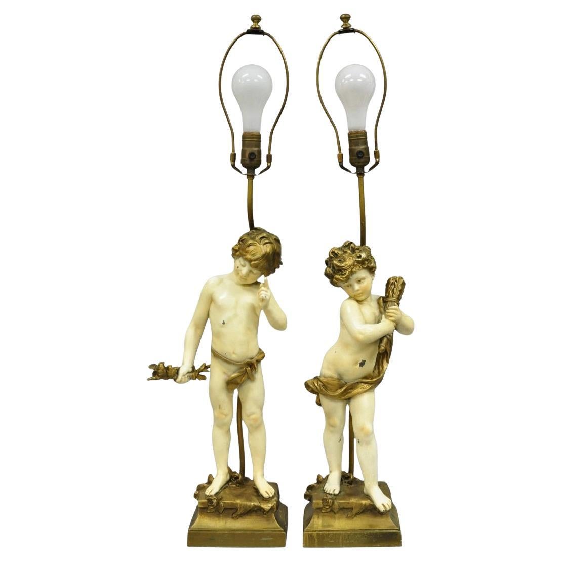 Antique French Moreau Figural Full Cherub Painted Metal Table Lamps - a Pair For Sale
