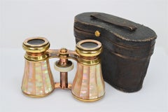 Antique French Mother of Pearl Brass Opera Glasses in Original Leather Case