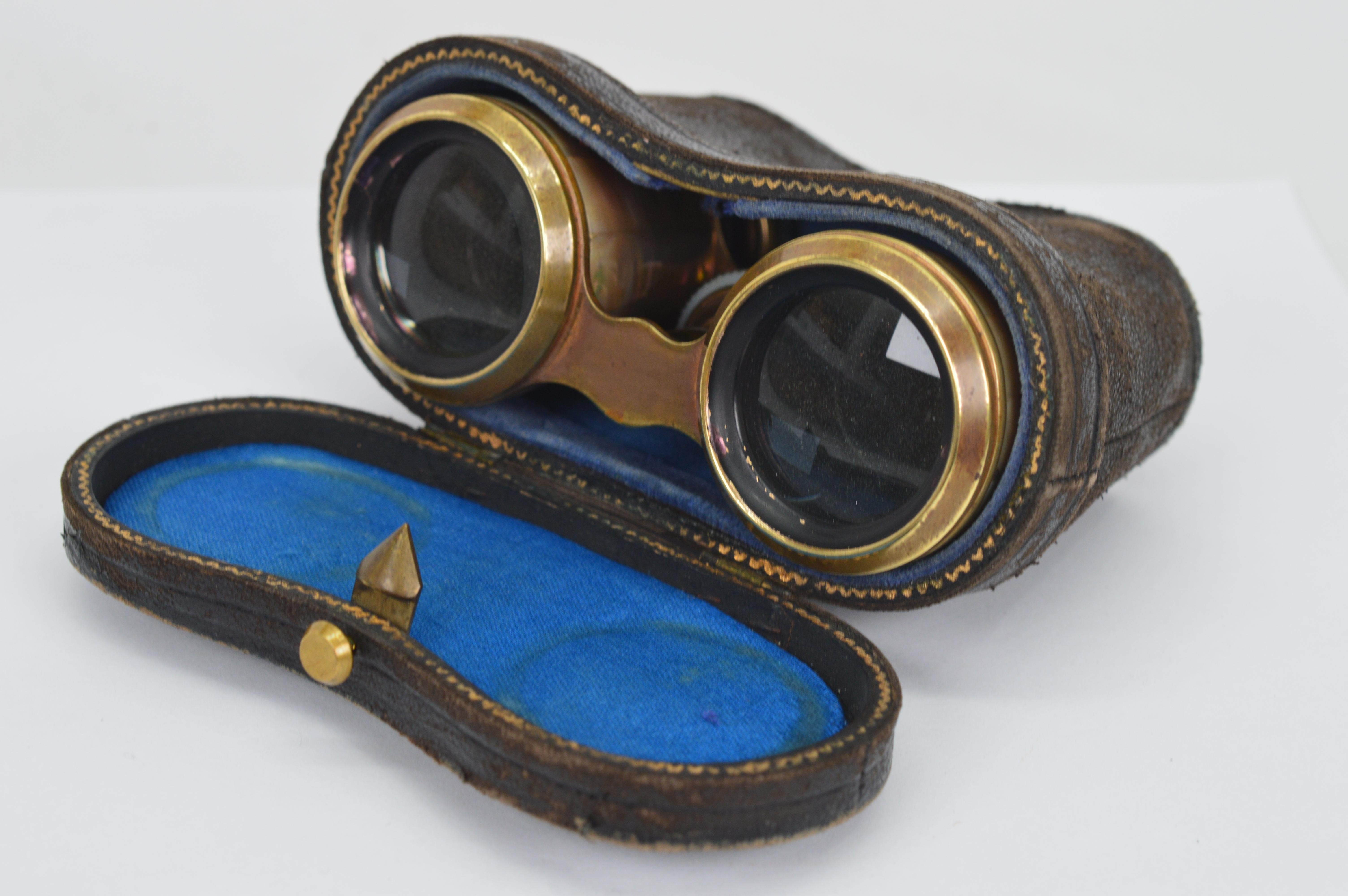 Women's or Men's Antique French Mother of Pearl Brass Opera Glasses in Original Leather Case
