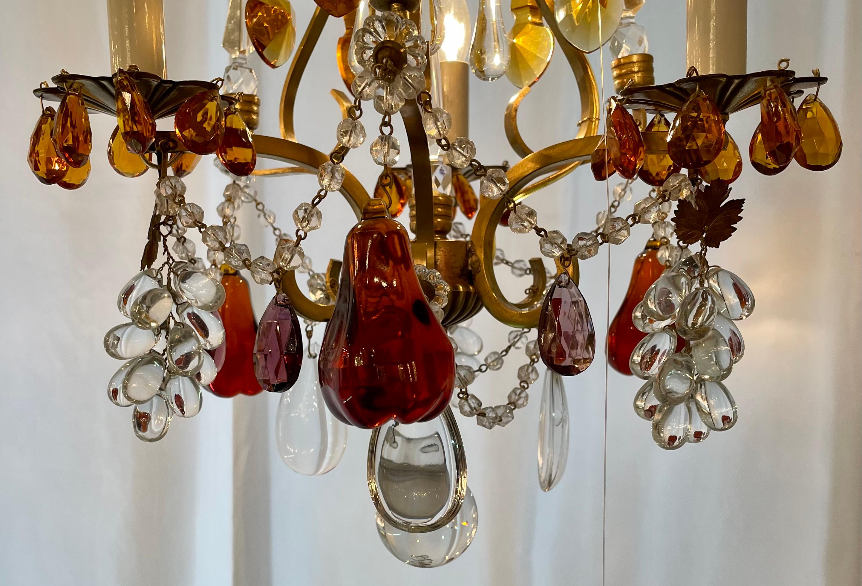 19th Century Antique French Multi-Colored Baccarat Crystal & Gold Bronze Chandelier, Ca 1880. For Sale