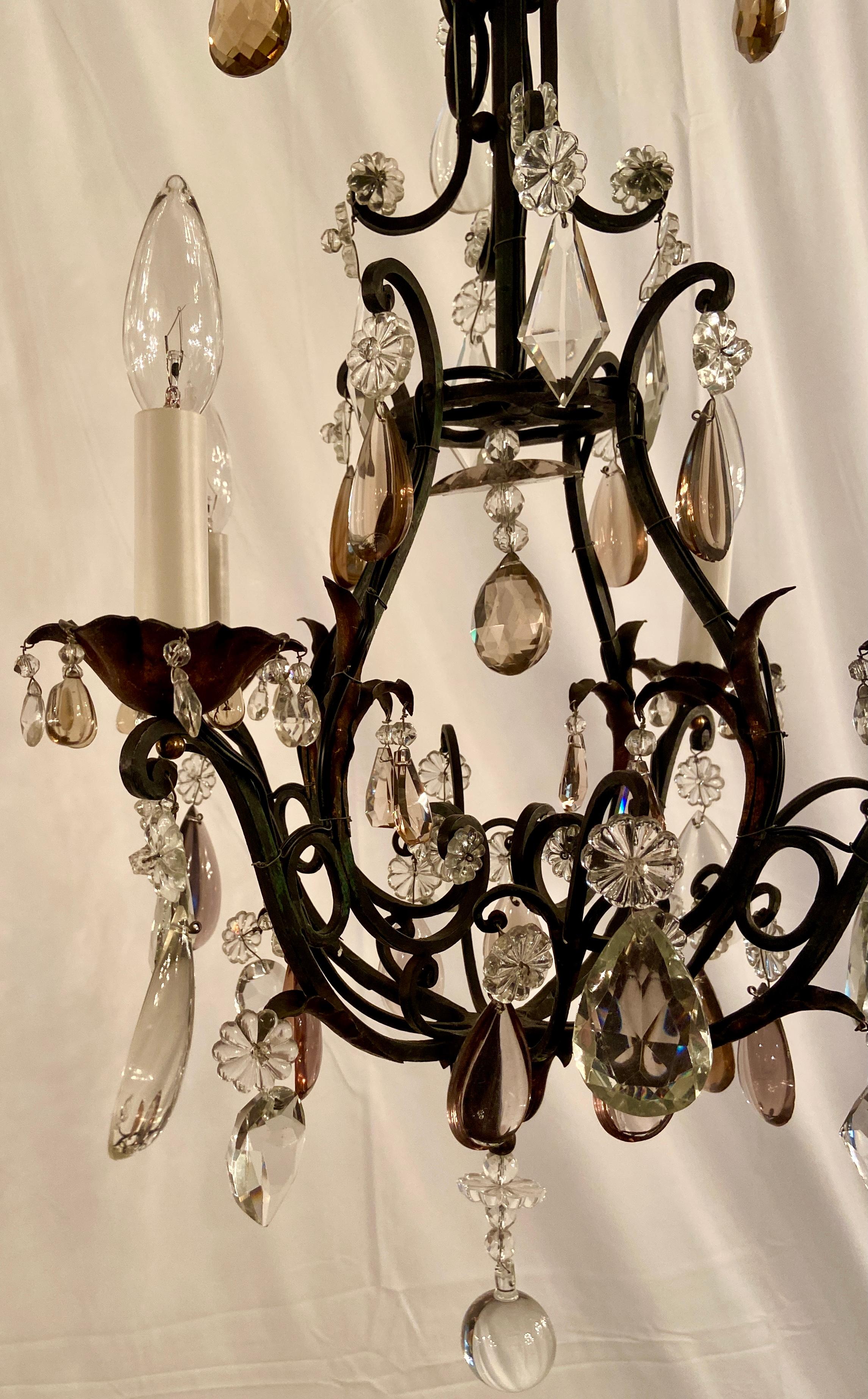 Antique French Multi-Colored & Clear Crystal Wrought Iron Chandelier, Circa 1910 In Good Condition In New Orleans, LA