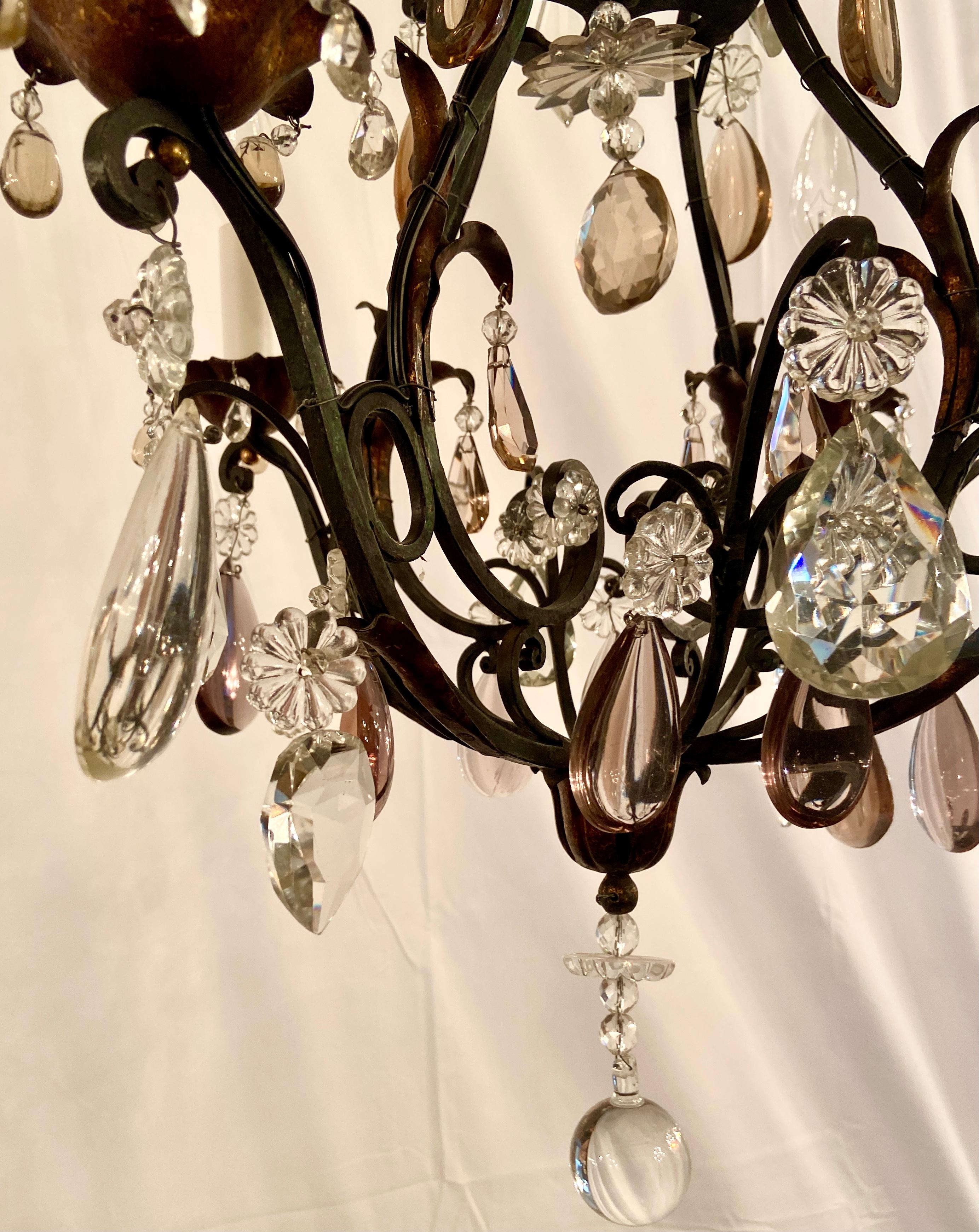 20th Century Antique French Multi-Colored & Clear Crystal Wrought Iron Chandelier, Circa 1910