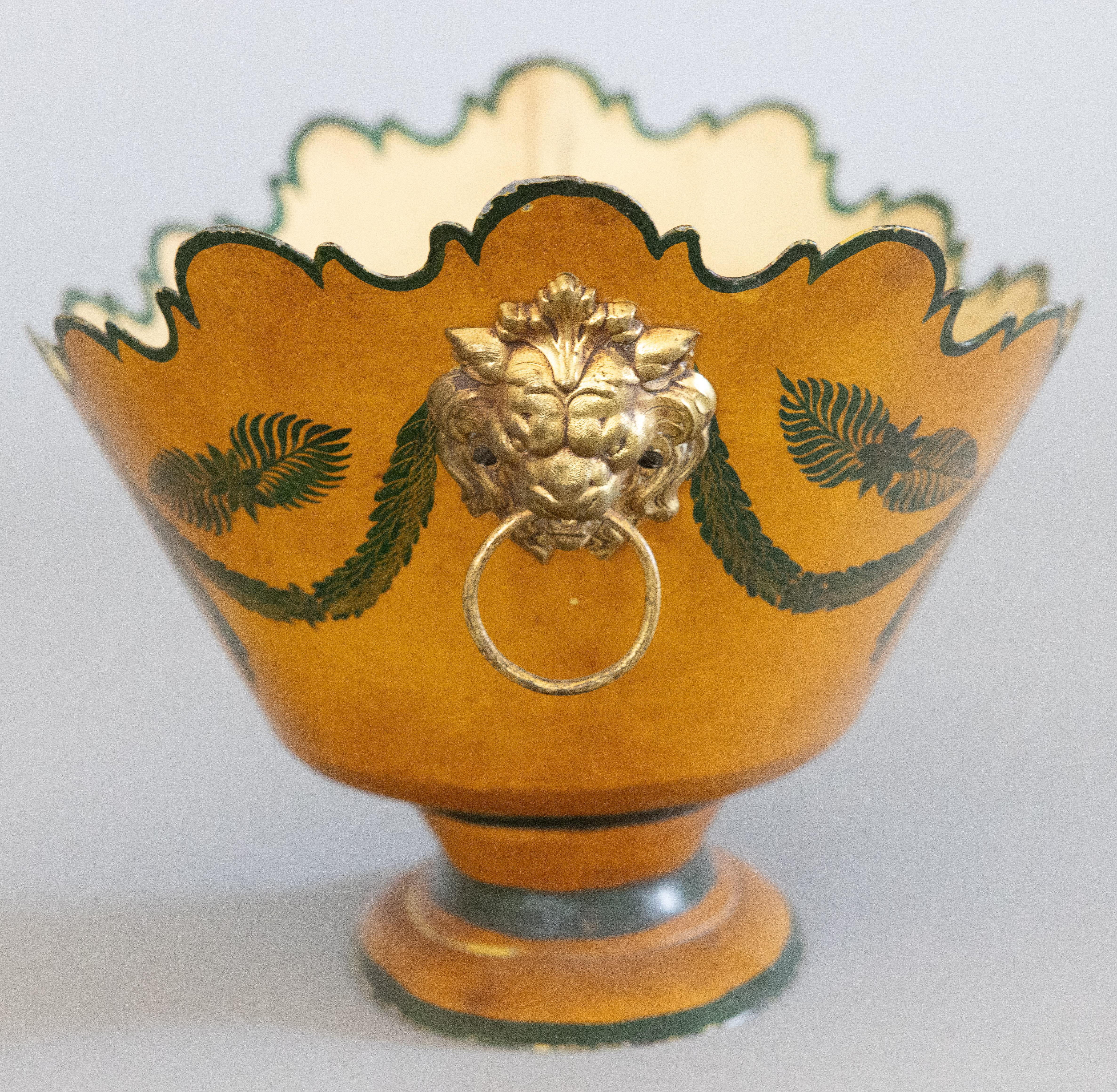 Neoclassical Antique French Mustard Yellow Tole Pedestal Jardiniere Cachepot For Sale