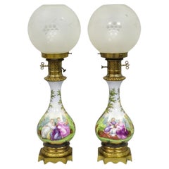 Antique French Napolean III Hand Painted Porcelain Oil Lamp Table Lamps - a Pair