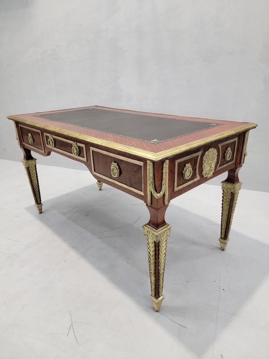 Marquetry Antique French Napoleon Brass Ormolu Mounted 3 Drawer Writing Desk For Sale