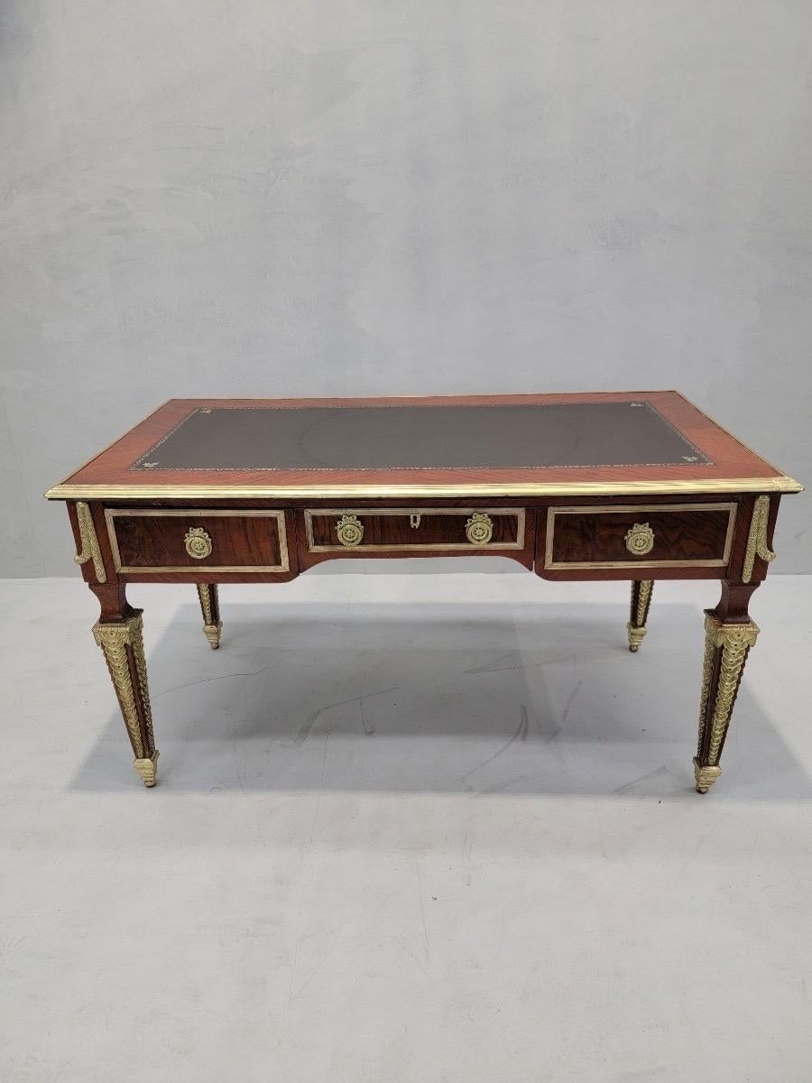 Leather Antique French Napoleon Brass Ormolu Mounted 3 Drawer Writing Desk For Sale