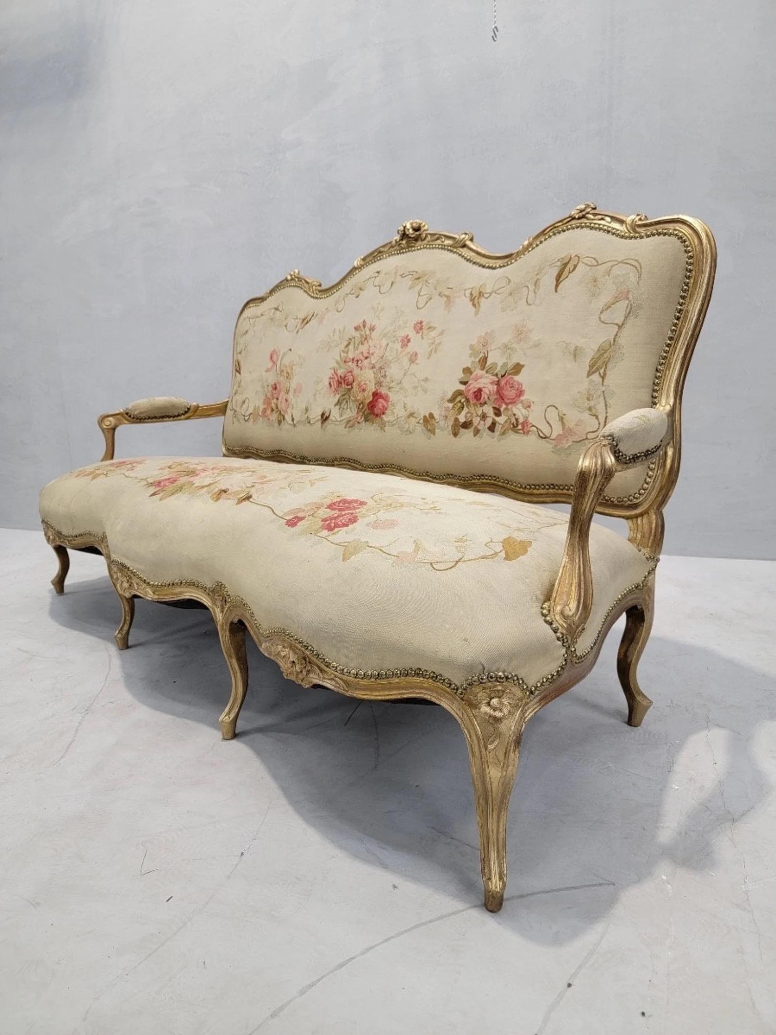 Antique French Napoleon Giltwood Aubusson Settee & Fauteuils 7 Piece Parlor Set 3