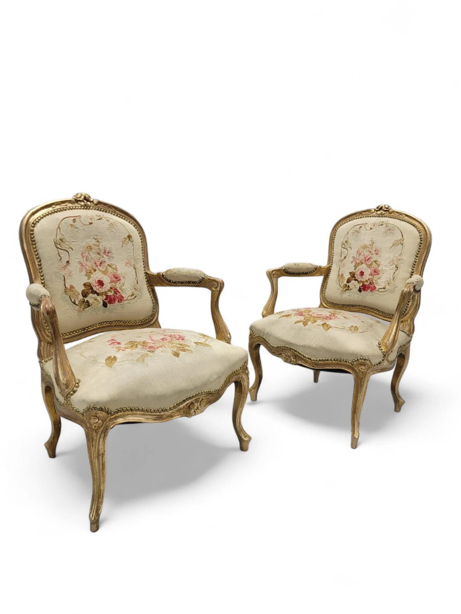 Antique French Napoleon Giltwood Aubusson Settee & Fauteuils 7 Piece Parlor Set 4